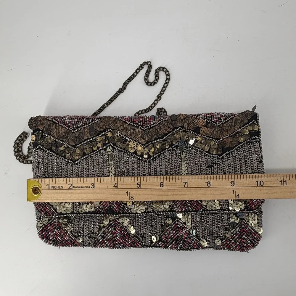 New Look Beaded Sequin Chevron Clutch Bag Bronze Chain Strap Evening Bag